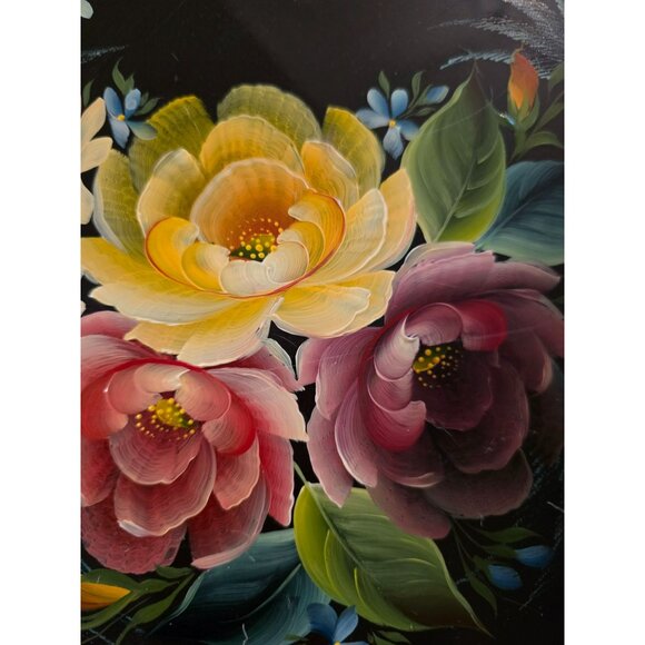 VTG Floral Toleware Russian Metal Round Tray Stamped Hand Painted Gold Trim 14" - Picture 5 of 5